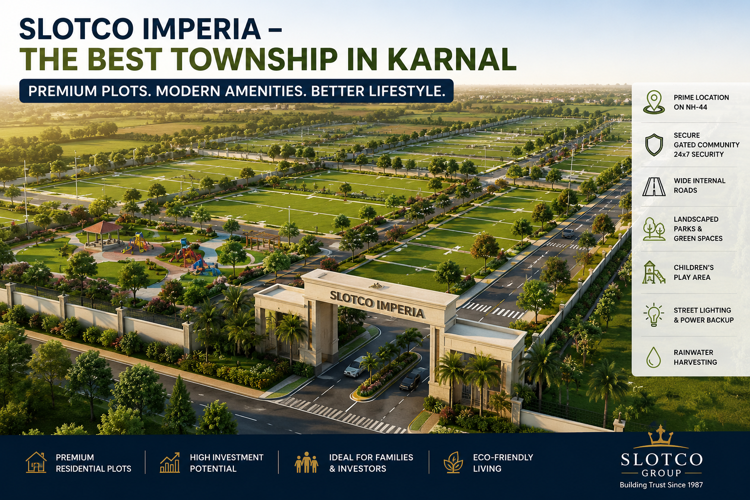 Aerial view of Slotco Imperia, the best township in Karnal, featuring premium residential plots, wide internal roads, landscaped parks, and modern infrastructure.