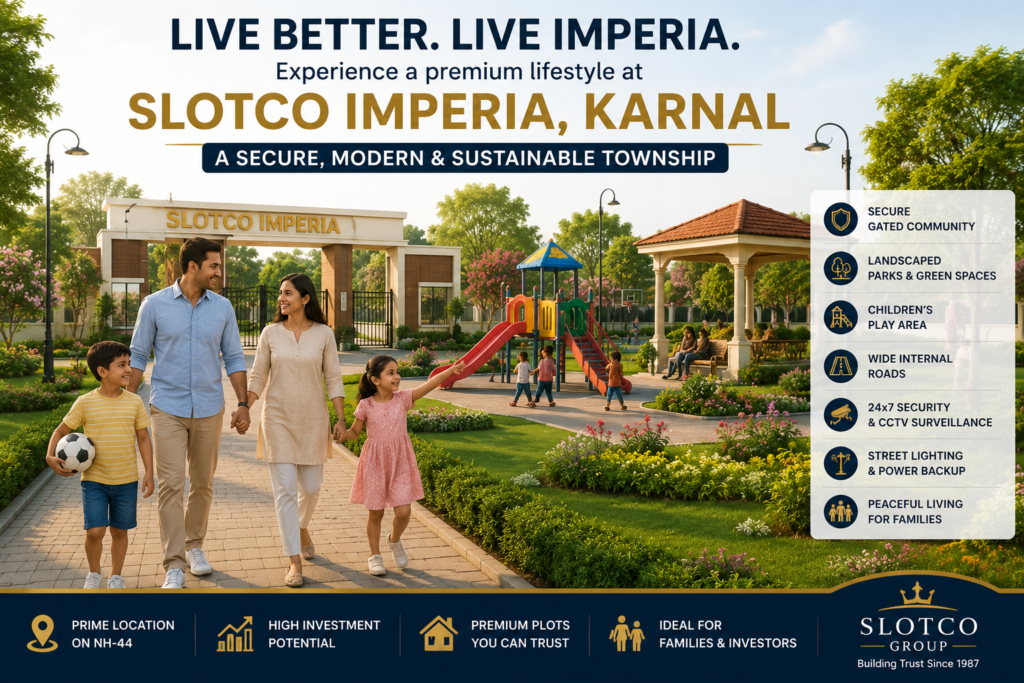 Family enjoying a peaceful lifestyle in Slotco Imperia, a secure gated community with green open spaces and modern amenities in Karnal.