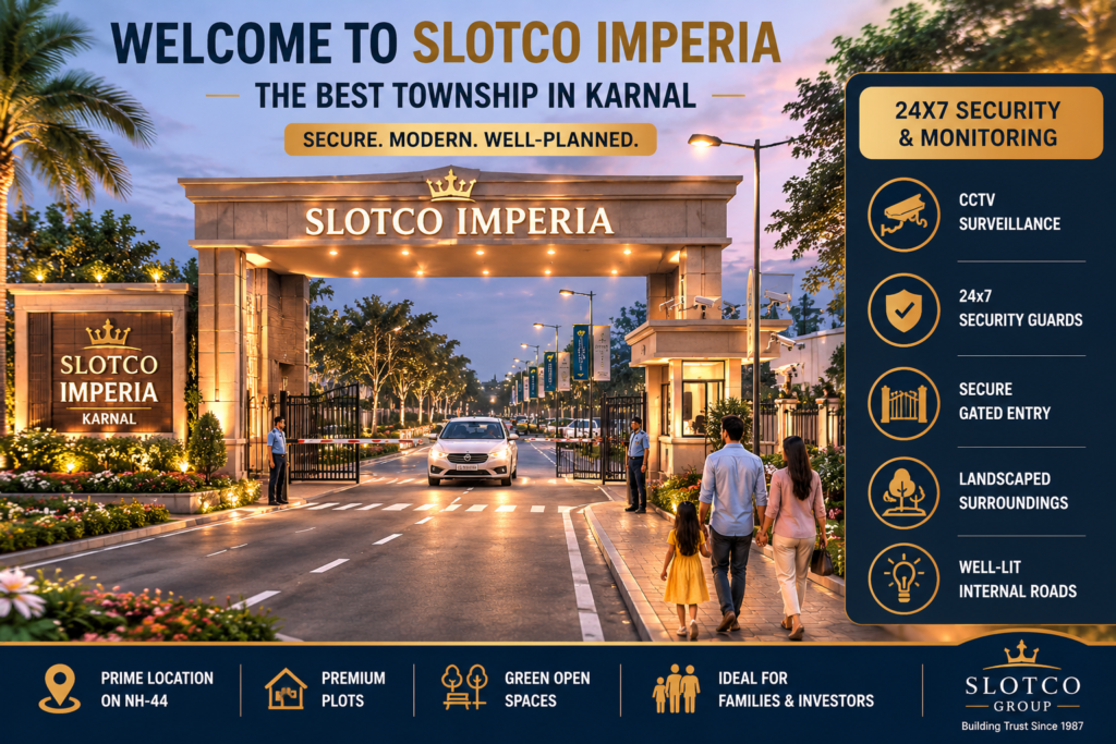 Main entrance gate of Slotco Imperia, the best township in Karnal, with 24x7 security, CCTV surveillance, and landscaped surroundings.