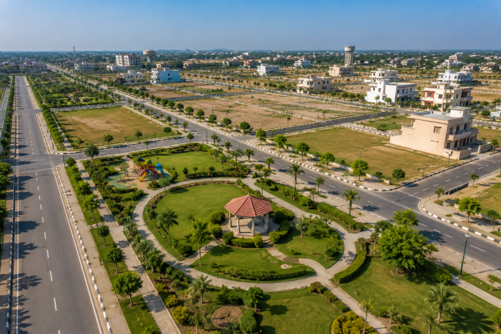 Modern township in Karnal with residential plots, green parks, and wide roads